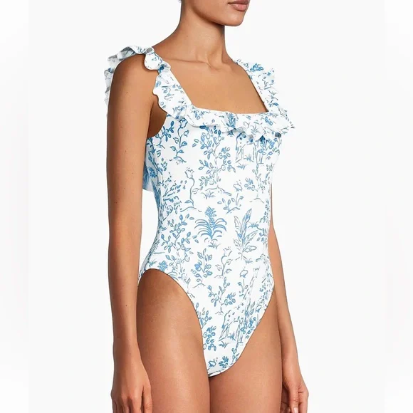 Lilly Pulitzer Aemma Ruffle One-Piece Swimsuit Resort White Tall Tales" print. - Picture 3 of 10